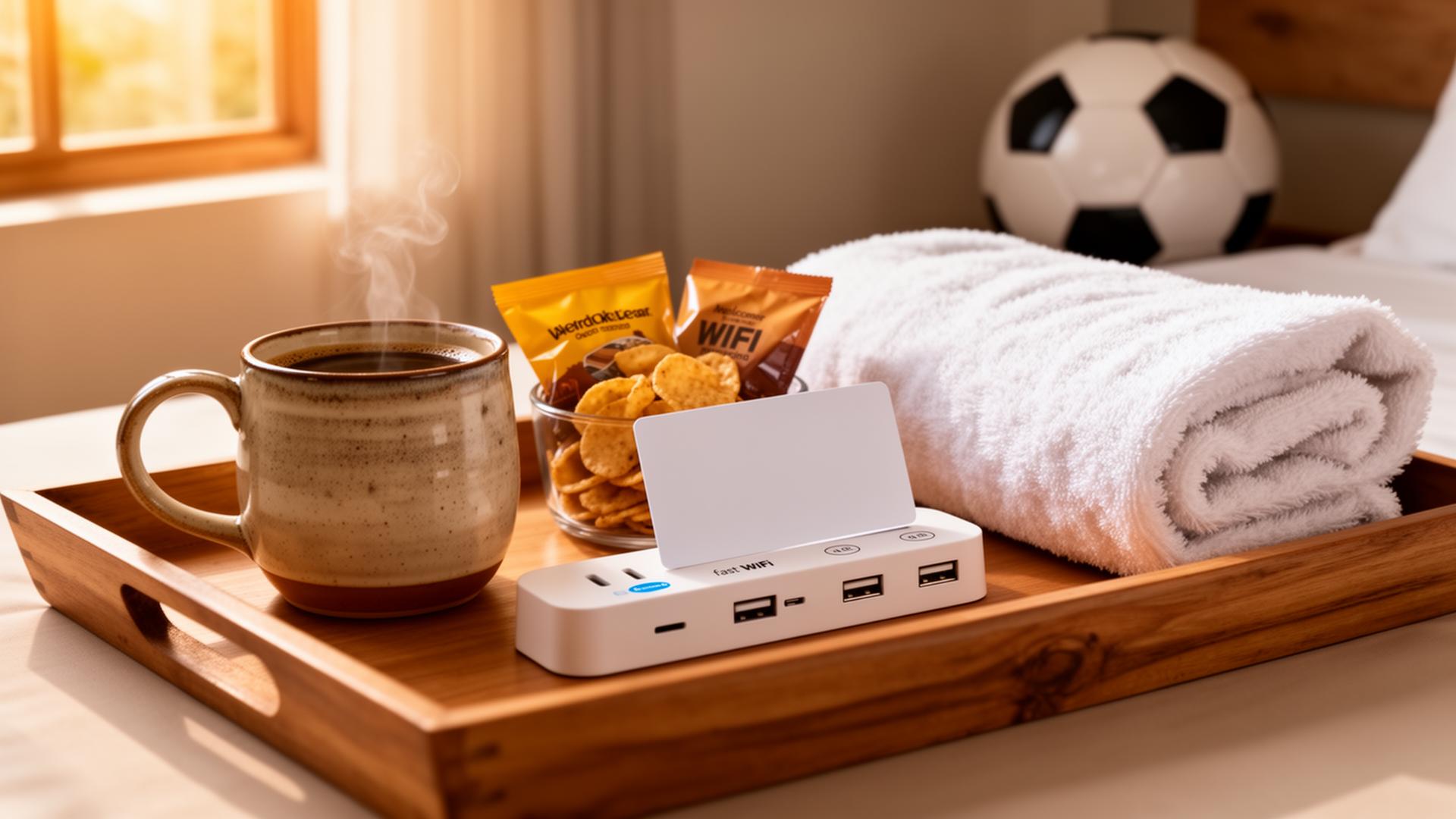 Amenidades prácticas como WiFi visible, café, adaptador y guía de llegada para huéspedes del Mundial 2026.